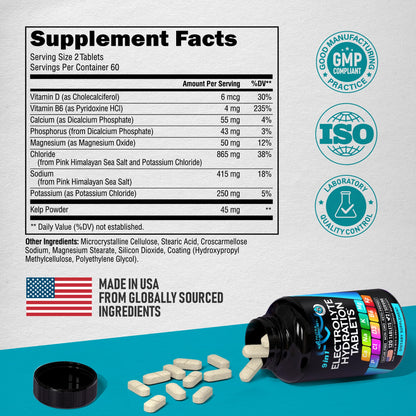 Electrolytes - Electrolyte Tablets with Magnesium, Sodium, Potassium, Chloride, Vitamins D3 & B6, Kelp Powder - Salt Pills - Made in USA - PrimeBioHealth - canada supplements