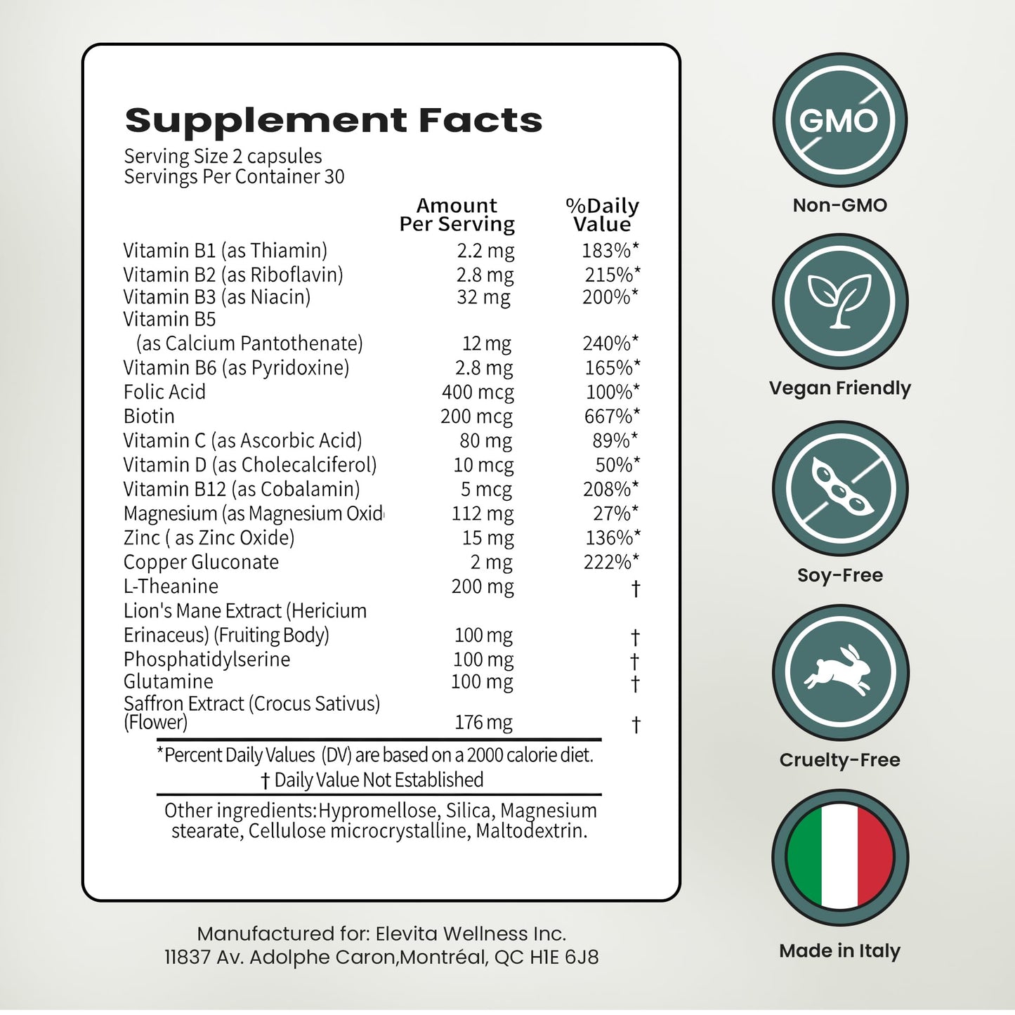 ELEVITA WELLNESS Focus Supplement (Made in Italy) | Premium Blend with L-Theanine, Lion's Mane & B Vitamins, Saffron and Vitamin D | Focus & Cognitive Support for Men & Women - PrimeBioHealth - canada supplements