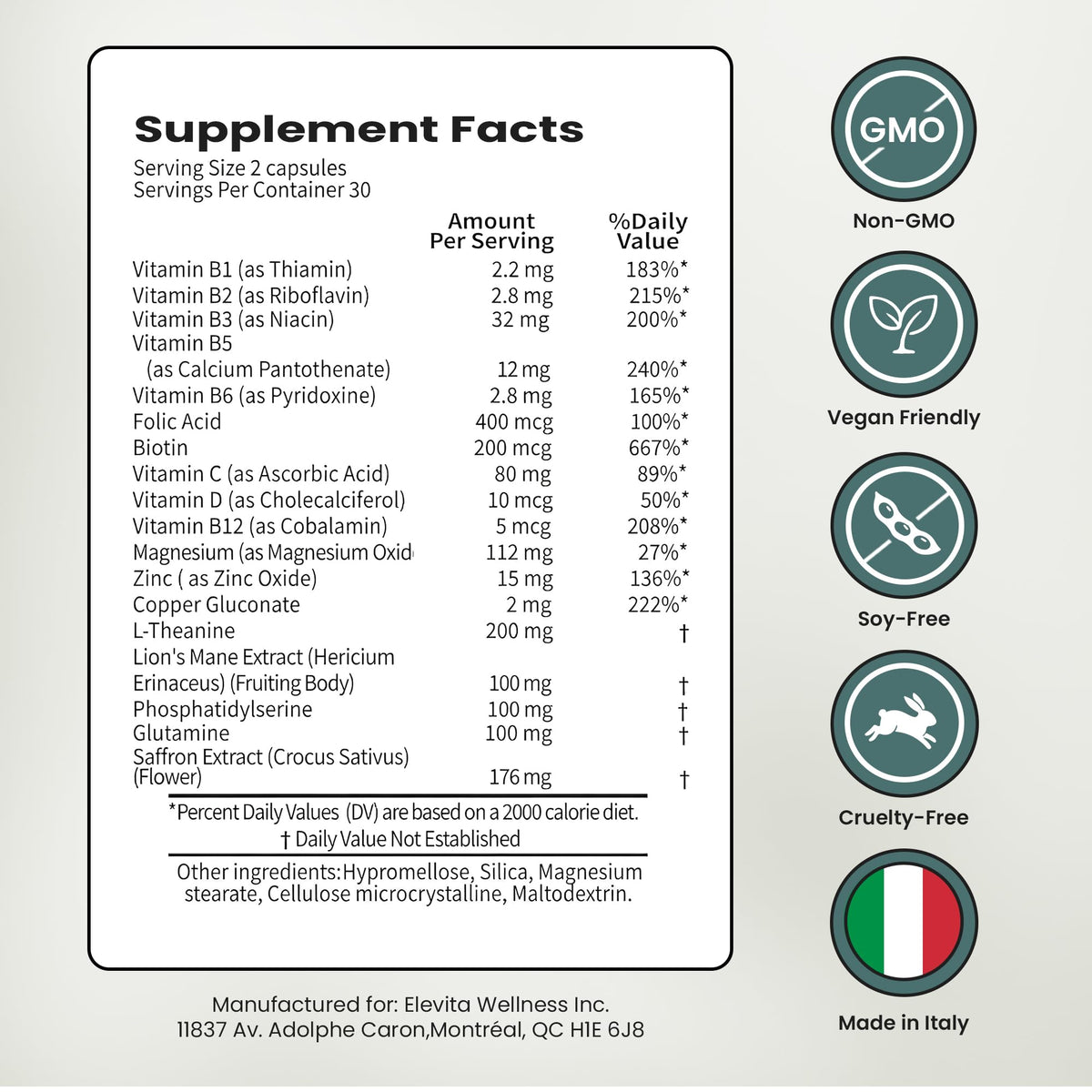 ELEVITA WELLNESS Focus Supplement (Made in Italy) | Premium Blend with L-Theanine, Lion's Mane & B Vitamins, Saffron and Vitamin D | Focus & Cognitive Support for Men & Women - PrimeBioHealth - canada supplements