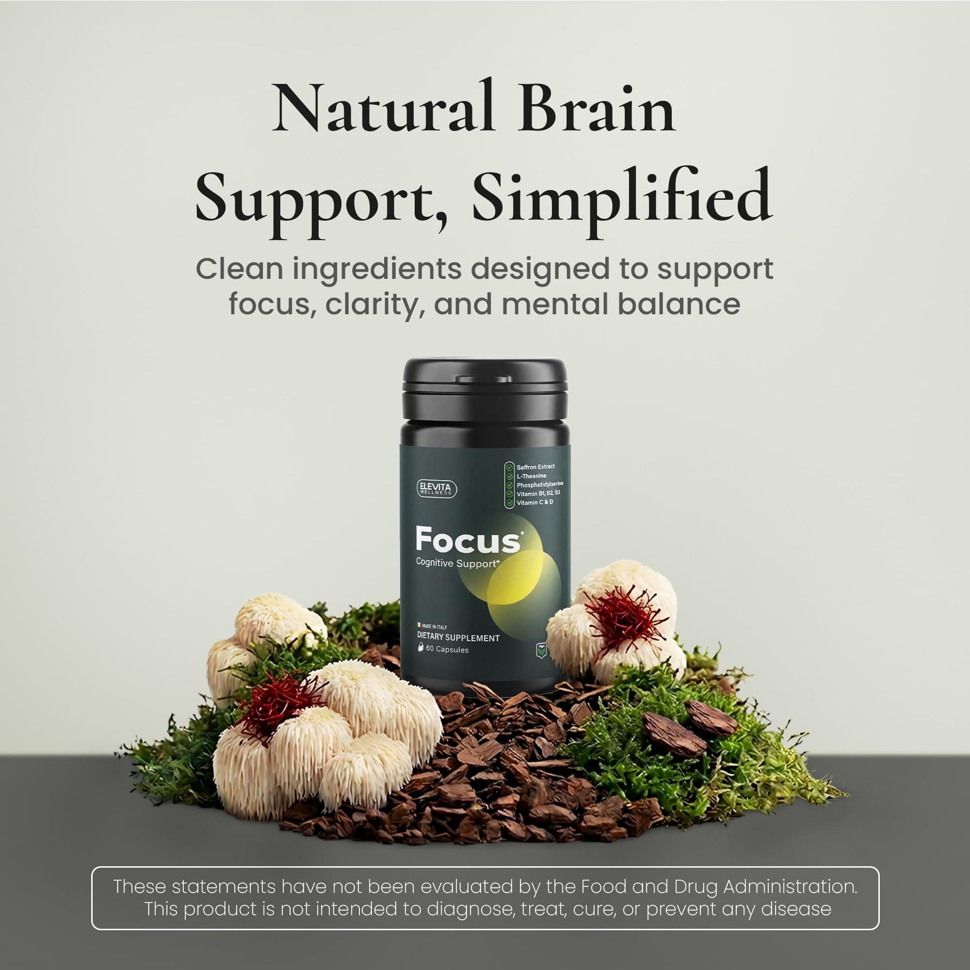 ELEVITA WELLNESS Focus Supplement (Made in Italy) | Premium Blend with L-Theanine, Lion's Mane & B Vitamins, Saffron and Vitamin D | Focus & Cognitive Support for Men & Women - PrimeBioHealth - canada supplements