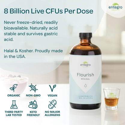 ENTEGRO Flourish Original Liquid Probiotic & Postbiotic Supplement - Glass | 11 Live Cultures | Gut & Digestive Health for Women, Men & Kids | Organic, Vegan - PrimeBioHealth - canada supplements