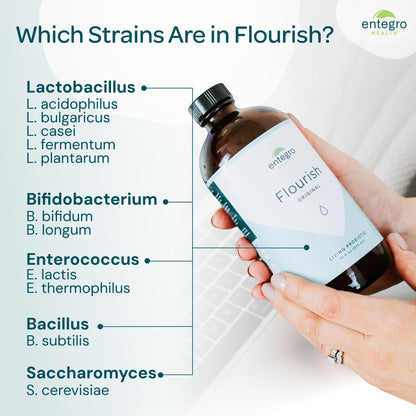 ENTEGRO Flourish Original Liquid Probiotic & Postbiotic Supplement - Glass | 11 Live Cultures | Gut & Digestive Health for Women, Men & Kids | Organic, Vegan - PrimeBioHealth - canada supplements