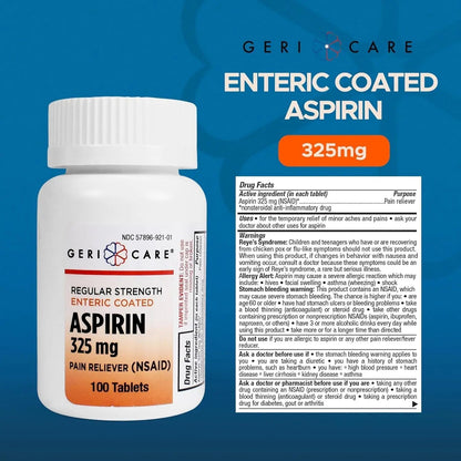 Enteric Coated Aspirin Tablets 325mg (100 Count) by GeriCare- NSAID Pain Reliever & Fever Reducer Coated Aspirin for Adults- Regular Strength Aspirin for Headache Arthritis Menstrual & Muscle Pain - PrimeBioHealth - canada supplements