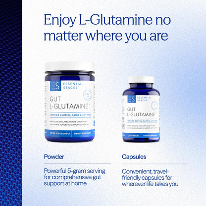 Essential Stacks Gut L-Glutamine Capsules 1000mg (Made in USA) - Gluten, Dairy & Soy Free, Non-GMO L Glutamine for Gut Health - 60 Serves (120 Caps) - PrimeBioHealth - canada supplements