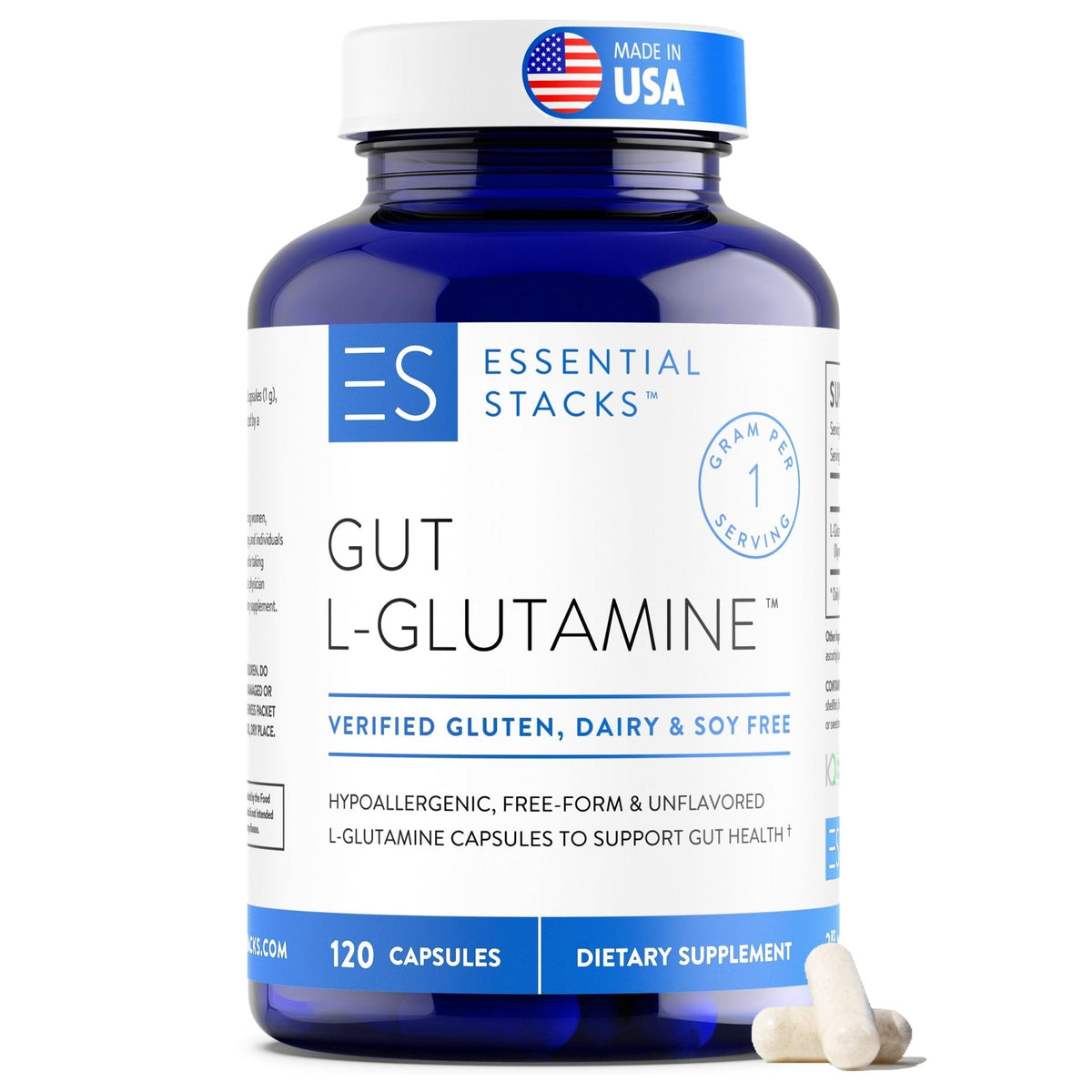 Essential Stacks Gut L-Glutamine Capsules 1000mg (Made in USA) - Gluten, Dairy & Soy Free, Non-GMO L Glutamine for Gut Health - 60 Serves (120 Caps) - PrimeBioHealth - canada supplements