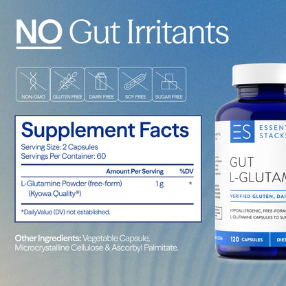Essential Stacks Gut L-Glutamine Capsules 1000mg (Made in USA) - Gluten, Dairy & Soy Free, Non-GMO L Glutamine for Gut Health - 60 Serves (120 Caps) - PrimeBioHealth - canada supplements