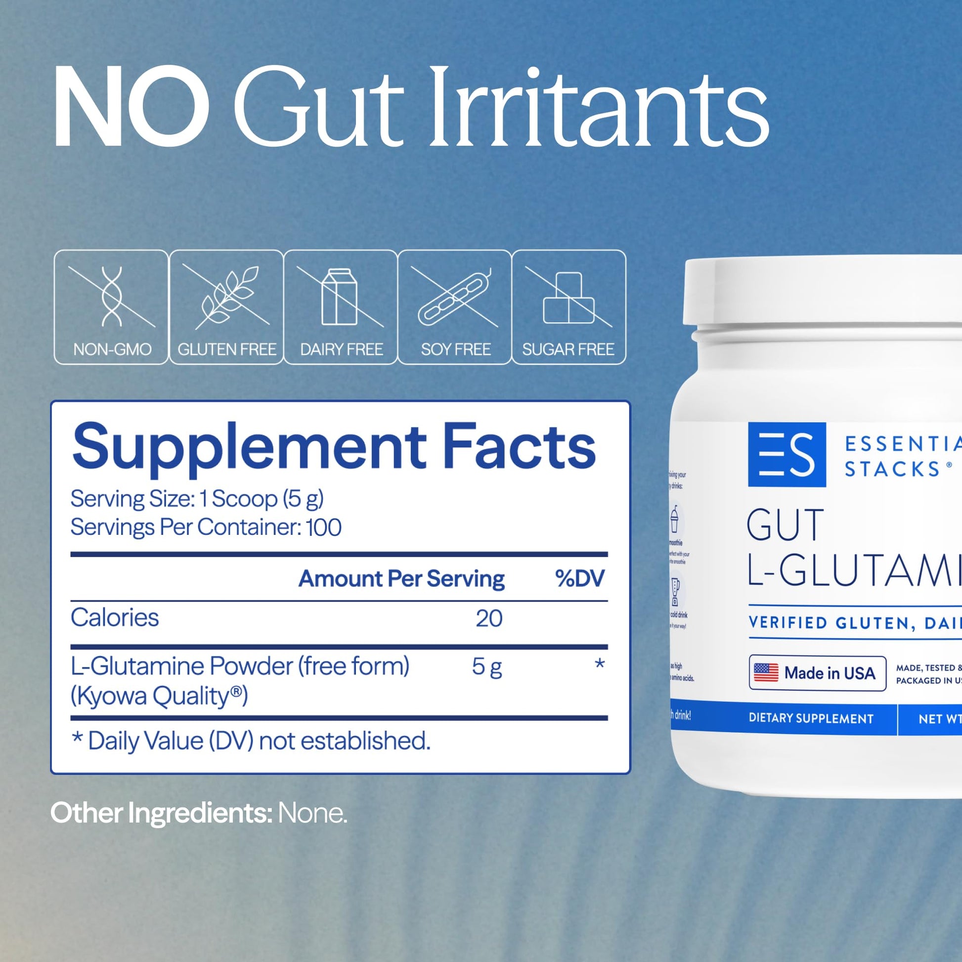 Essential Stacks Gut L-Glutamine Powder - Exclusively Made in USA - Pure L Glutamine Powder for Gut Health (100 Servings, Unflavored) - PrimeBioHealth - canada supplements