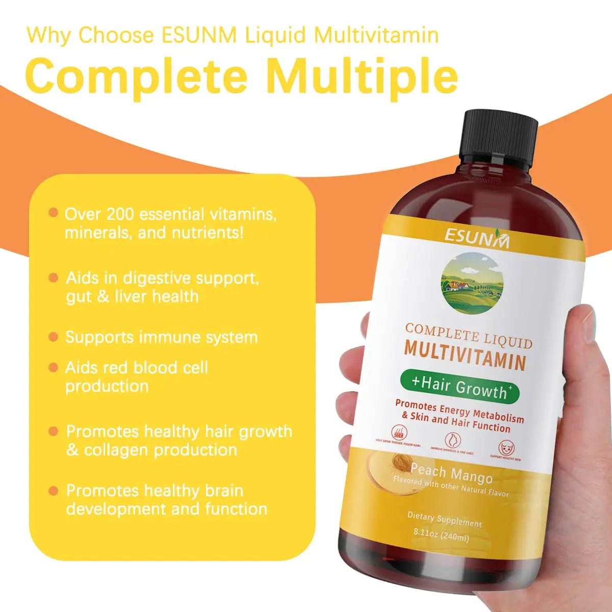 ESUNM Complete Liquid Multivitamin + Hair Growth, Promotes Energy Metabolism& Skin and Hair Function| Vitamin C D | B Vitamins | - PrimeBioHealth - canada supplements