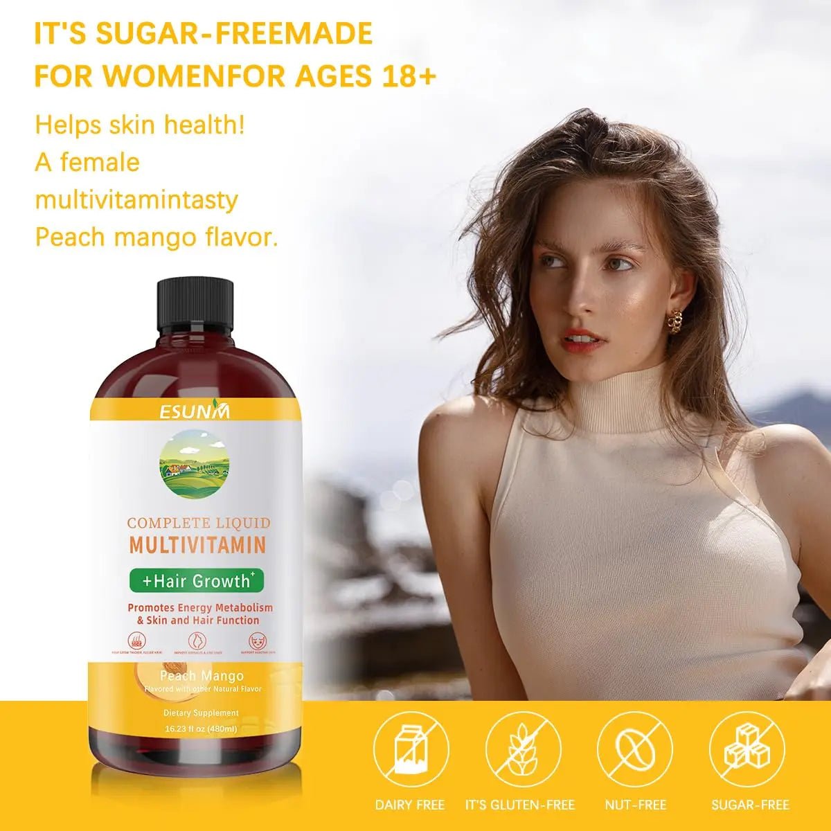 ESUNM Complete Liquid Multivitamin + Hair Growth, Promotes Energy Metabolism& Skin and Hair Function| Vitamin C D | B Vitamins | - PrimeBioHealth - canada supplements