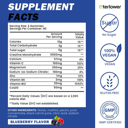 eterlower Creatine Monohydrate Gummies 5g – Pre-Workout Energy & Muscle Growth Support for Men & Women | Blueberry Electrolyte Gummies, 120 Count - PrimeBioHealth - canada supplements
