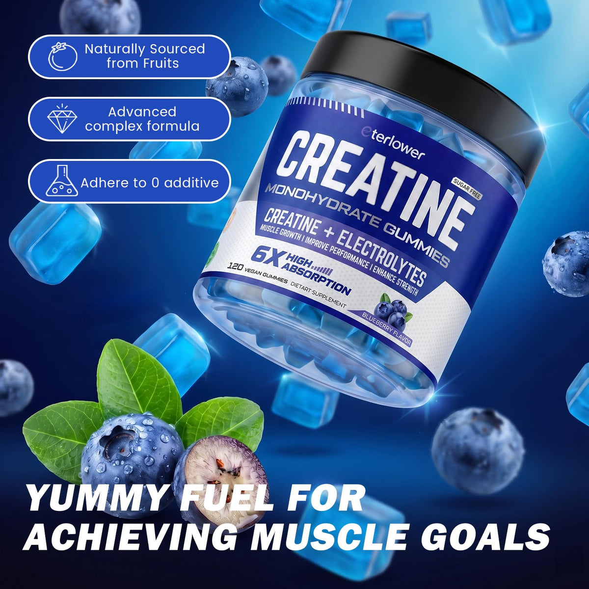 eterlower Creatine Monohydrate Gummies 5g – Pre-Workout Energy & Muscle Growth Support for Men & Women | Blueberry Electrolyte Gummies, 120 Count - PrimeBioHealth - canada supplements