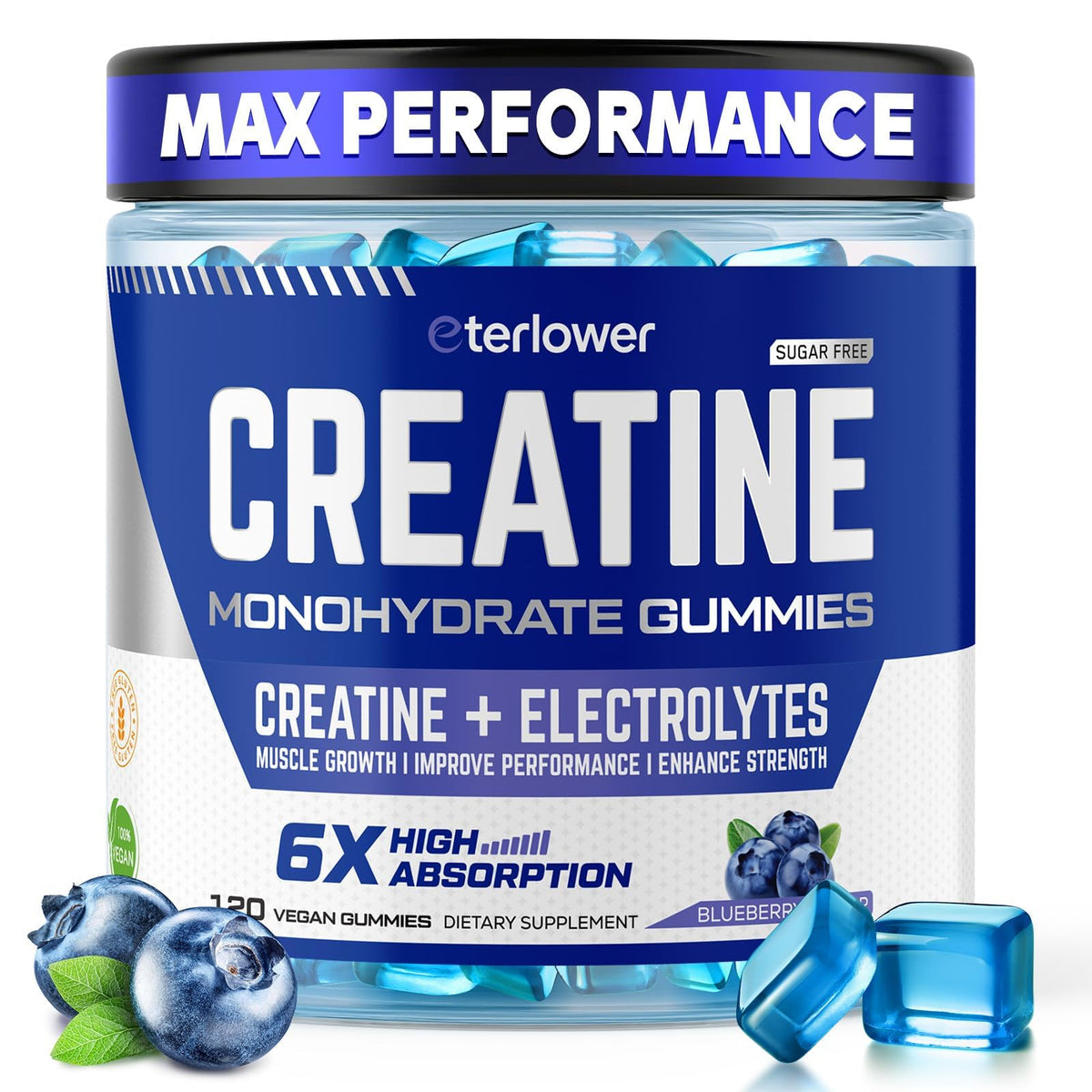 eterlower Creatine Monohydrate Gummies 5g – Pre-Workout Energy & Muscle Growth Support for Men & Women | Blueberry Electrolyte Gummies, 120 Count - PrimeBioHealth - canada supplements