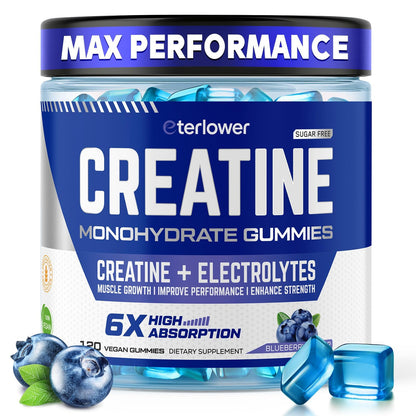 eterlower Creatine Monohydrate Gummies 5g – Pre-Workout Energy & Muscle Growth Support for Men & Women | Blueberry Electrolyte Gummies, 120 Count - PrimeBioHealth - canada supplements