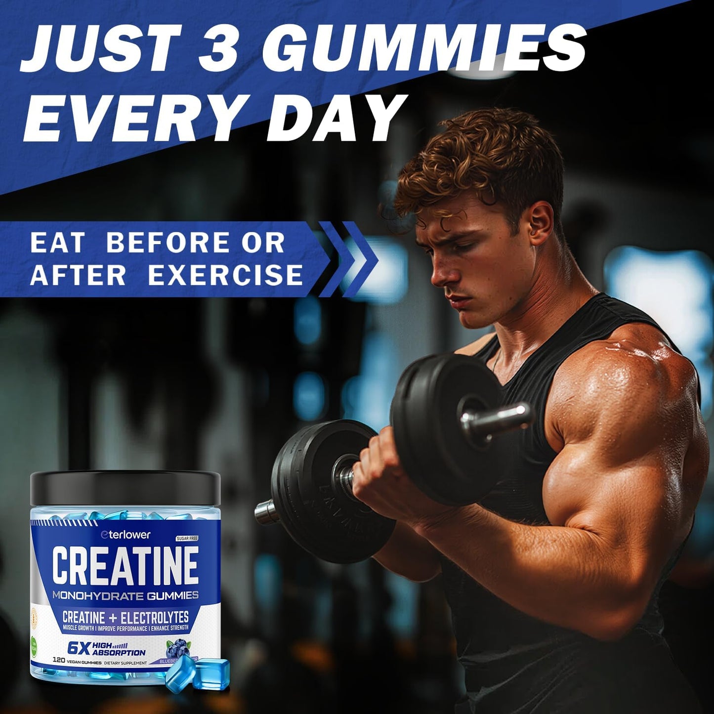eterlower Creatine Monohydrate Gummies 5g – Pre-Workout Energy & Muscle Growth Support for Men & Women | Blueberry Electrolyte Gummies, 120 Count - PrimeBioHealth - canada supplements