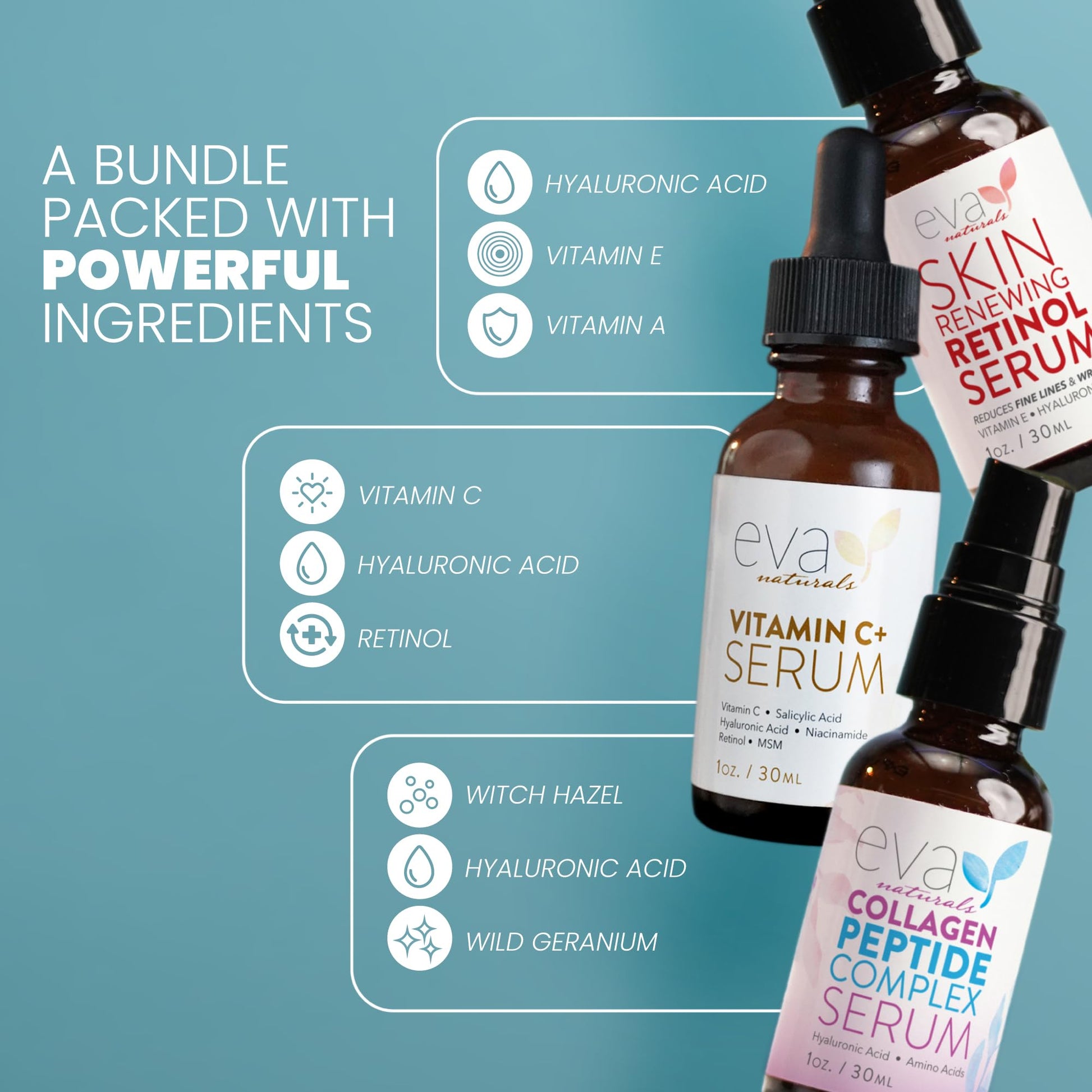Eva Naturals Trifecta Face Serum Set – Retinol, Vitamin C & Peptides with Hyaluronic Acid & Niacinamide – Anti-Aging Skincare Bundle for Women - PrimeBioHealth - canada supplements