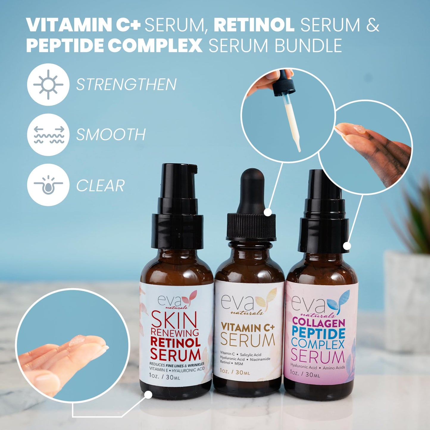 Eva Naturals Trifecta Face Serum Set – Retinol, Vitamin C & Peptides with Hyaluronic Acid & Niacinamide – Anti-Aging Skincare Bundle for Women - PrimeBioHealth - canada supplements