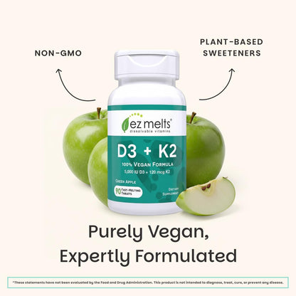 EZ Melts Dissolvable Vegan Vitamin D3 + K2 5,000 IU - Bone & Heart Health Support - Immune Function Support - No Artificial Flavors - Non-GMO - Green Apple - PrimeBioHealth - canada supplements