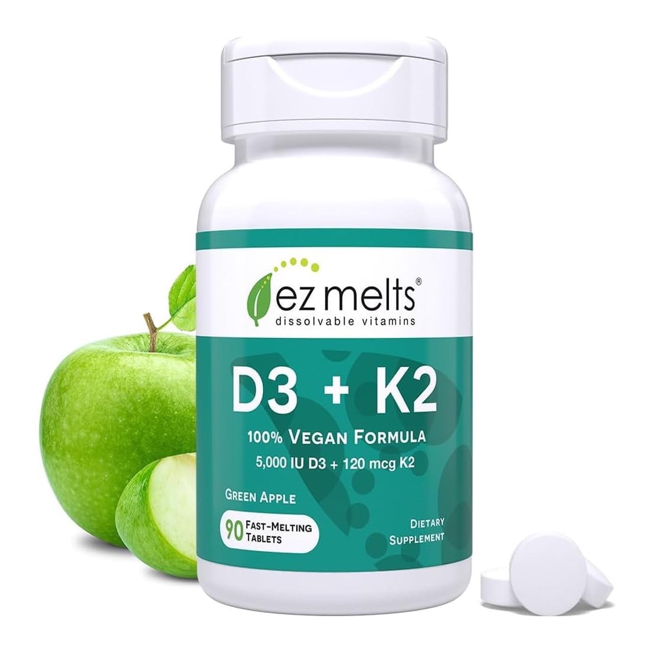 EZ Melts Dissolvable Vegan Vitamin D3 + K2 5,000 IU - Bone & Heart Health Support - Immune Function Support - No Artificial Flavors - Non-GMO - Green Apple - PrimeBioHealth - canada supplements
