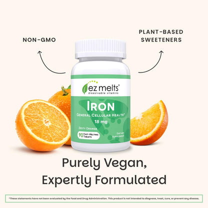 EZ Melts Iron - Supplement for Daily Energy & Iron Support - with Vitamin C - No Artificial Flavors - Non-GMO & Vegan - Zesty Orange - PrimeBioHealth - canada supplements