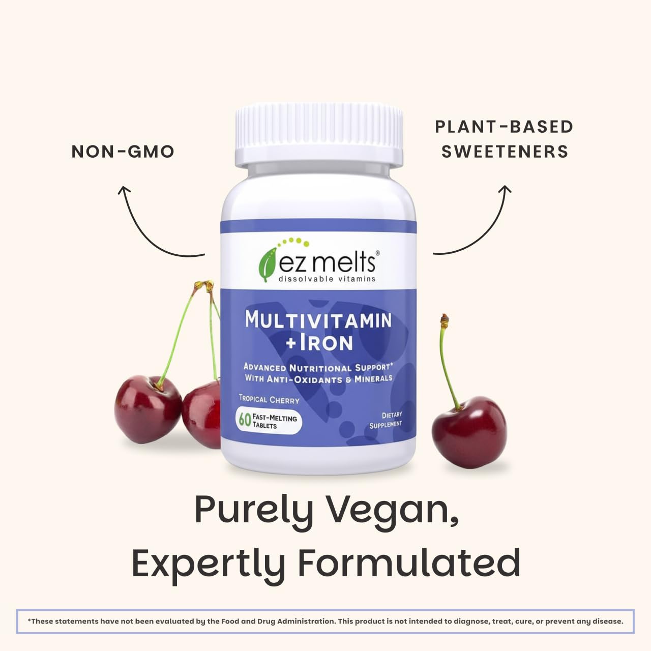 EZ Melts Multivitamin + Iron - Daily Multivitamin for Women & Men - Supports Healthy Energy Levels & Antioxidant Protection - Non-GMO & Vegan - Tropical Cherry - PrimeBioHealth - canada supplements