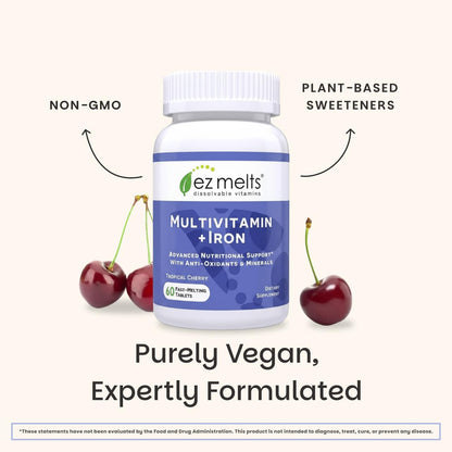 EZ Melts Multivitamin + Iron - Daily Multivitamin for Women & Men - Supports Healthy Energy Levels & Antioxidant Protection - Non-GMO & Vegan - Tropical Cherry - PrimeBioHealth - canada supplements