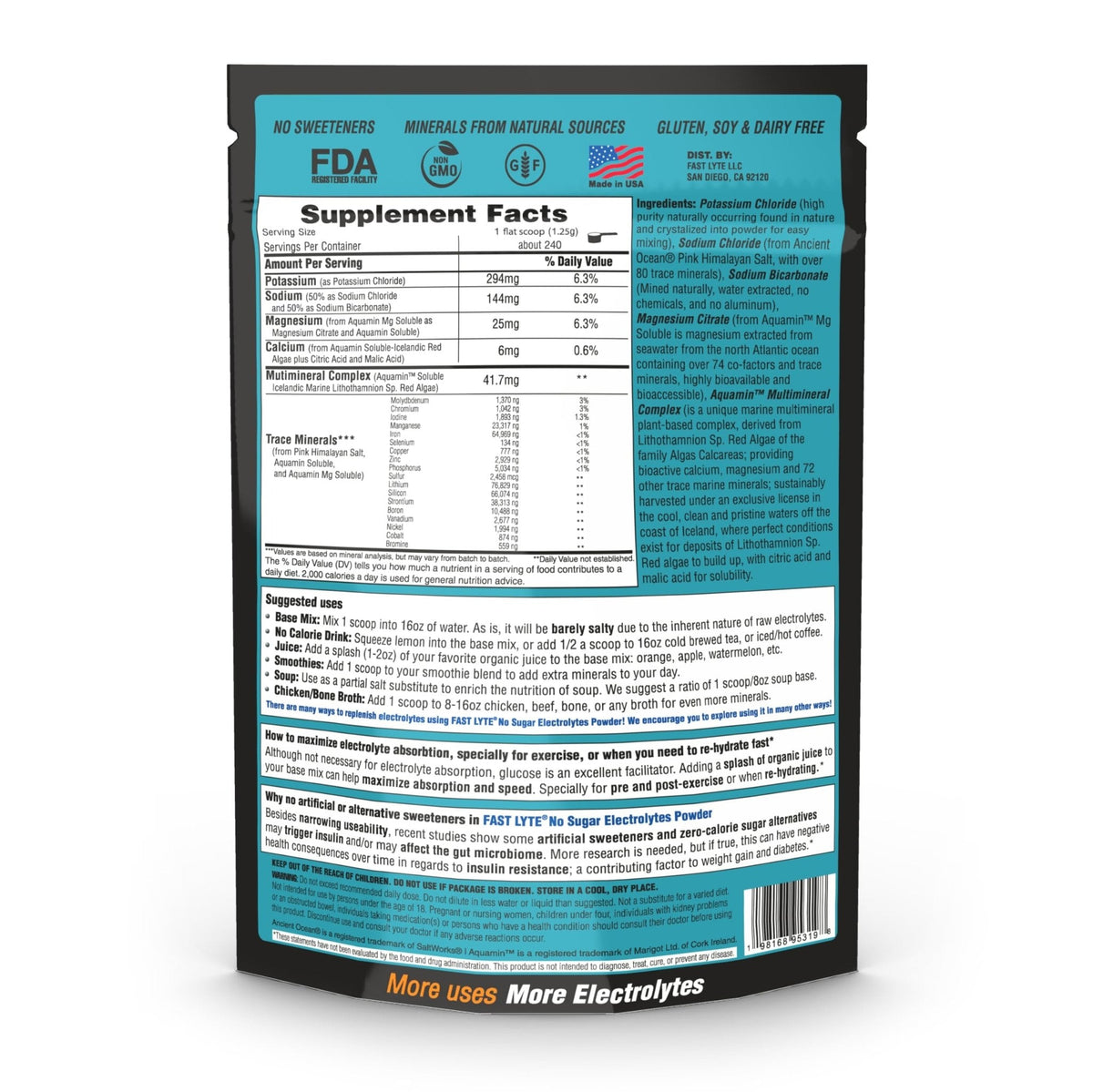 FAST LYTE No Sugar Electrolytes Powder in the Raw | Mix in Coffee, Soup, Juice, Water, Smoothies, Broth, Anything | No Sweeteners or Flavorings | Keto & Sugar Free | Non-GMO & Vegan - PrimeBioHealth - canada supplements