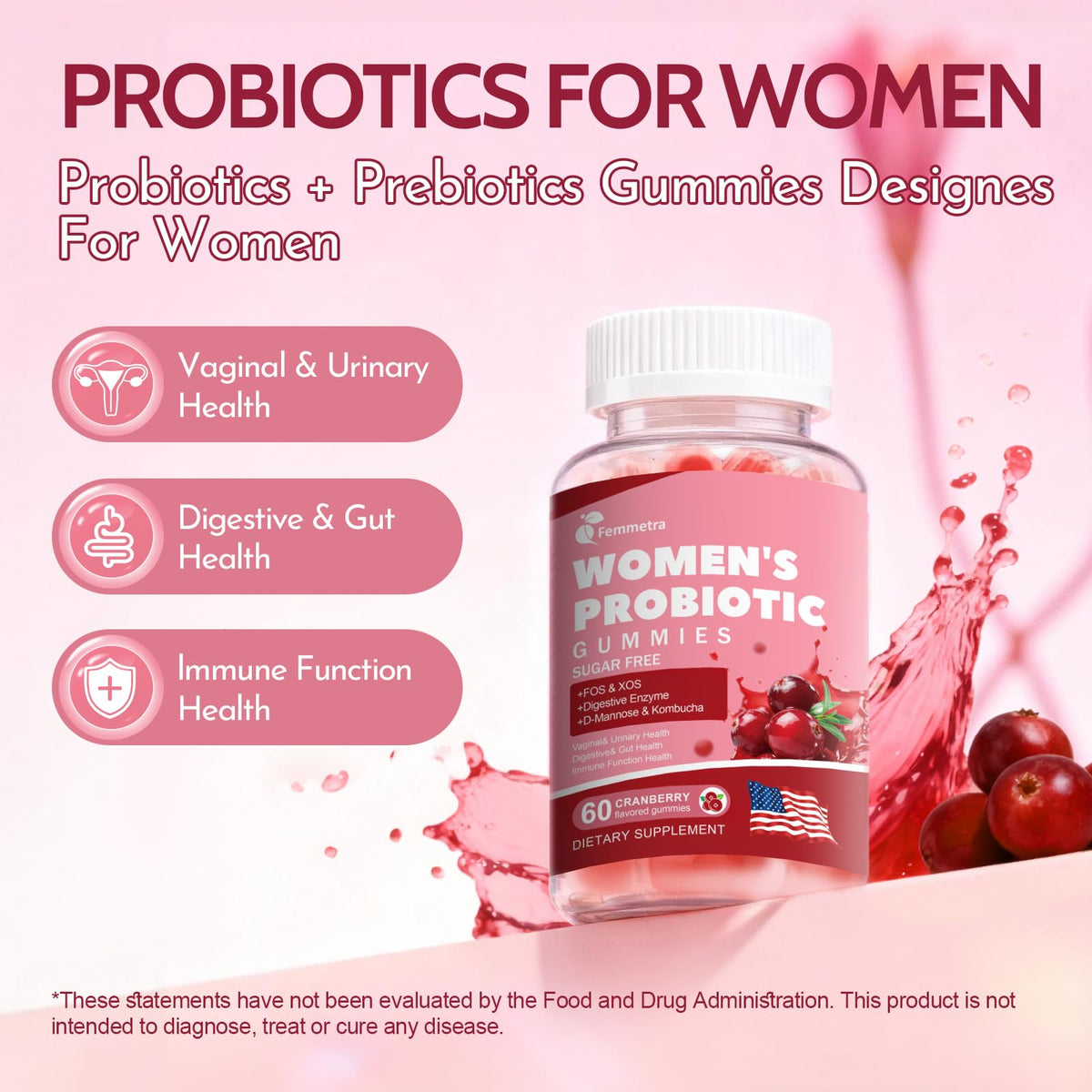 Femmetra 18-in-1 Probiotics for Women with Prebiotics - 200 Billion CFU with Digestive Enzyme, Cranberry, Kombucha - Sugar-Free Vaginal Gummies, - PrimeBioHealth - canada supplements
