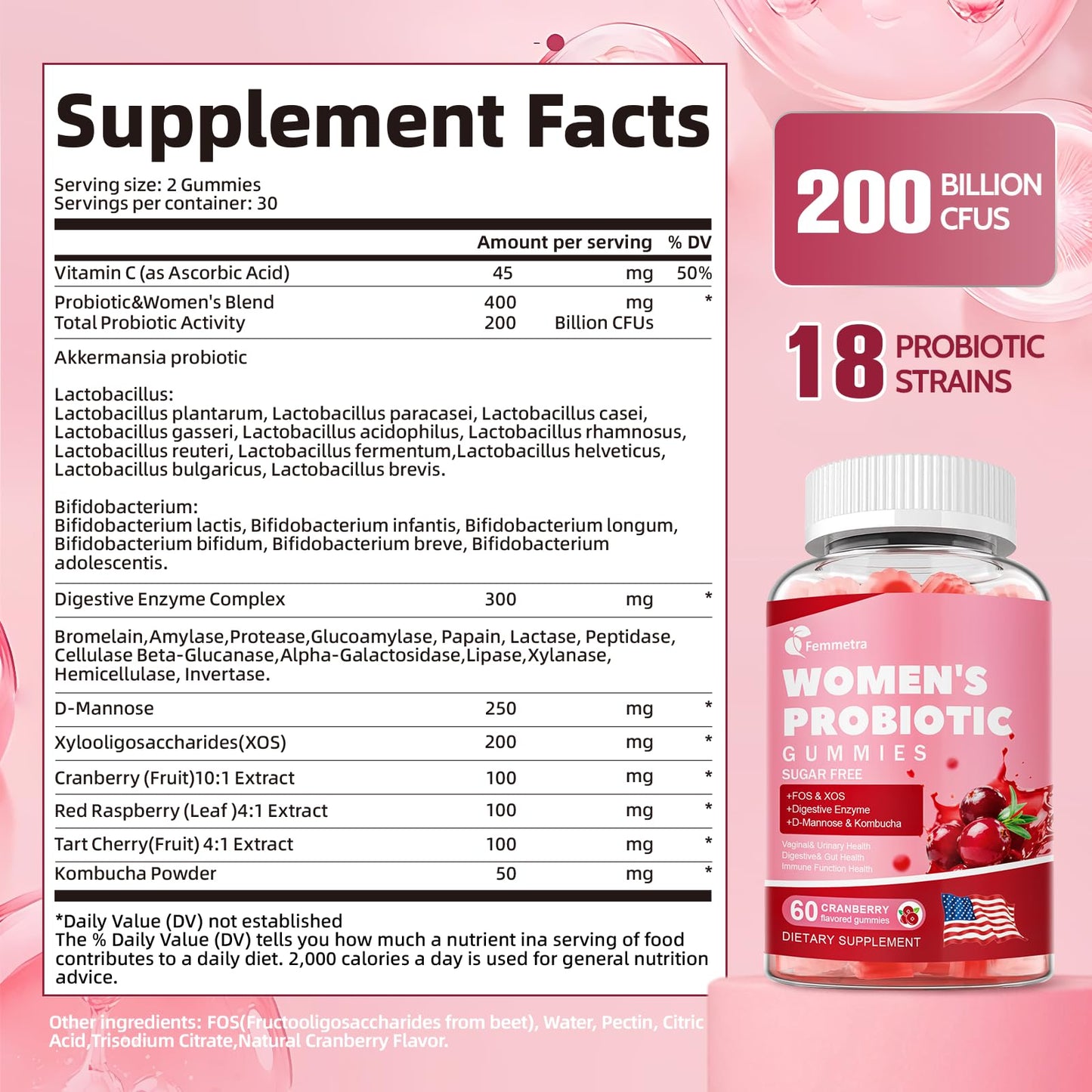 Femmetra 18-in-1 Probiotics for Women with Prebiotics - 200 Billion CFU with Digestive Enzyme, Cranberry, Kombucha - Sugar-Free Vaginal Gummies, - PrimeBioHealth - canada supplements