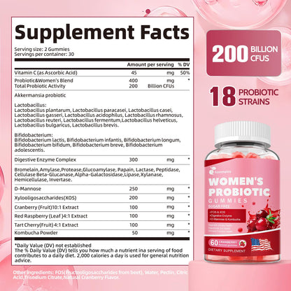 Femmetra 18-in-1 Probiotics for Women with Prebiotics - 200 Billion CFU with Digestive Enzyme, Cranberry, Kombucha - Sugar-Free Vaginal Gummies, - PrimeBioHealth - canada supplements