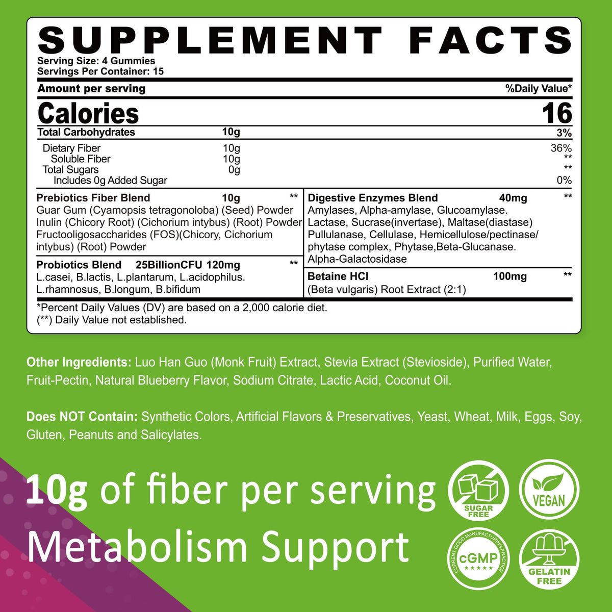 Fiber Gummies for Adults, Sugar Free 10g Prebiotic Fiber Supplement with Digestive Enzymes, Probiotics & 100mg Betaine for Digestive & Gut Health - PrimeBioHealth - canada supplements