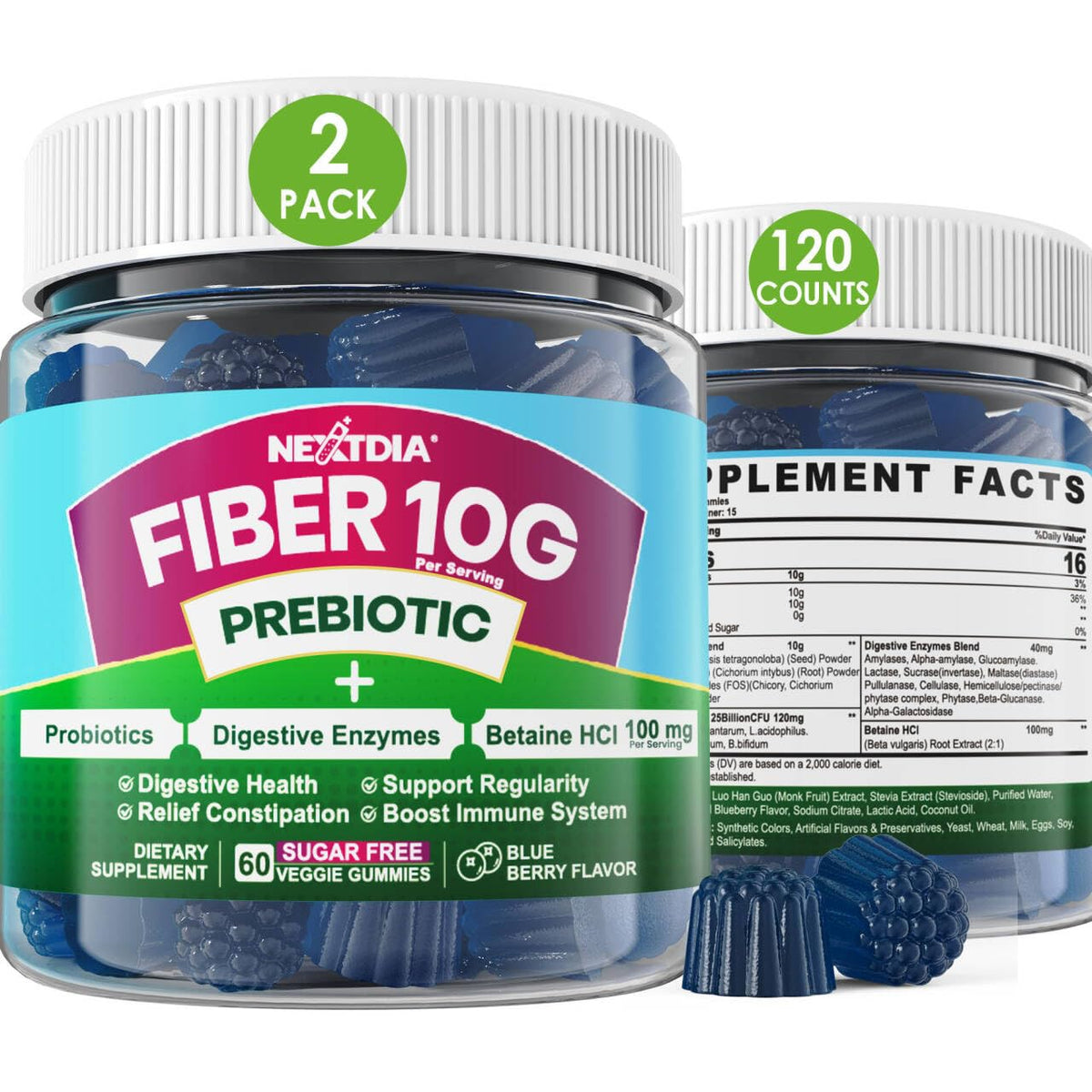 Fiber Gummies for Adults, Sugar Free 10g Prebiotic Fiber Supplement with Digestive Enzymes, Probiotics & 100mg Betaine for Digestive & Gut Health - PrimeBioHealth - canada supplements