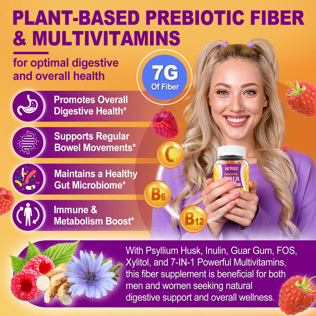 Fiber Gummies for Adults with Psyllium Husk, 7G(Soluble + Insoluble) Daily Prebiotic Fiber with Inulin, FOS, Guar Gum, Multivitamins for Daily Digestive Health, - PrimeBioHealth - canada supplements