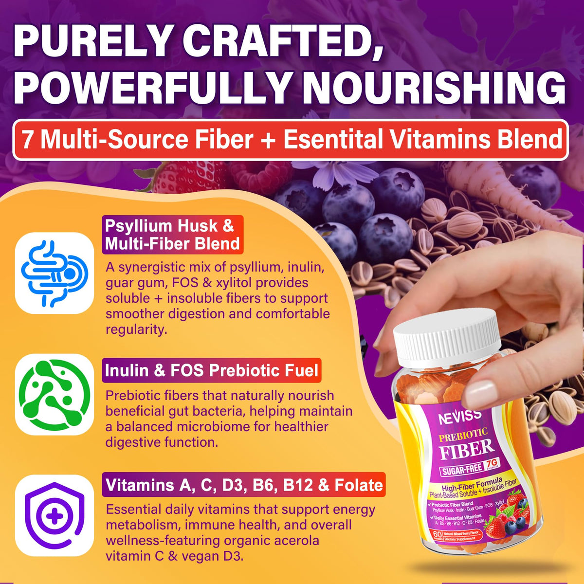 Fiber Gummies for Adults with Psyllium Husk, 7G(Soluble + Insoluble) Daily Prebiotic Fiber with Inulin, FOS, Guar Gum, Multivitamins for Daily Digestive Health, - PrimeBioHealth - canada supplements