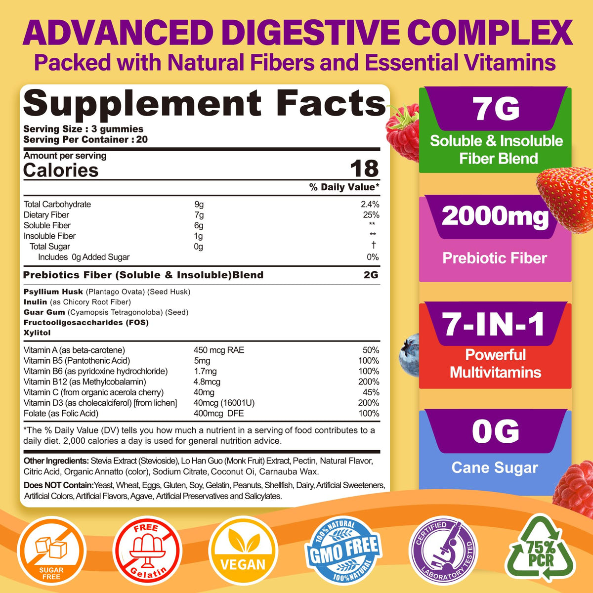 Fiber Gummies for Adults with Psyllium Husk, 7G(Soluble + Insoluble) Daily Prebiotic Fiber with Inulin, FOS, Guar Gum, Multivitamins for Daily Digestive Health, - PrimeBioHealth - canada supplements