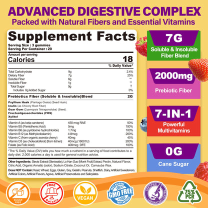 Fiber Gummies for Adults with Psyllium Husk, 7G(Soluble + Insoluble) Daily Prebiotic Fiber with Inulin, FOS, Guar Gum, Multivitamins for Daily Digestive Health, - PrimeBioHealth - canada supplements