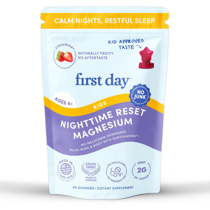 FIRST DAY Kids Magnesium Citrate Gummies (Ages 4+) with No Melatonin | Calm Kids Magnesium Gummies | Bedtime Supplement for Better Sleep with Suntheanine - PrimeBioHealth - canada supplements