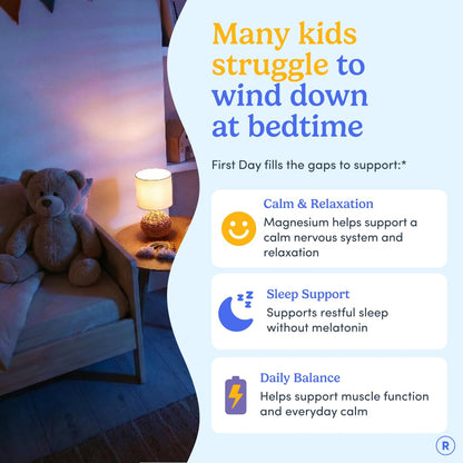 FIRST DAY Kids Magnesium Citrate Gummies (Ages 4+) with No Melatonin | Calm Kids Magnesium Gummies | Bedtime Supplement for Better Sleep with Suntheanine - PrimeBioHealth - canada supplements