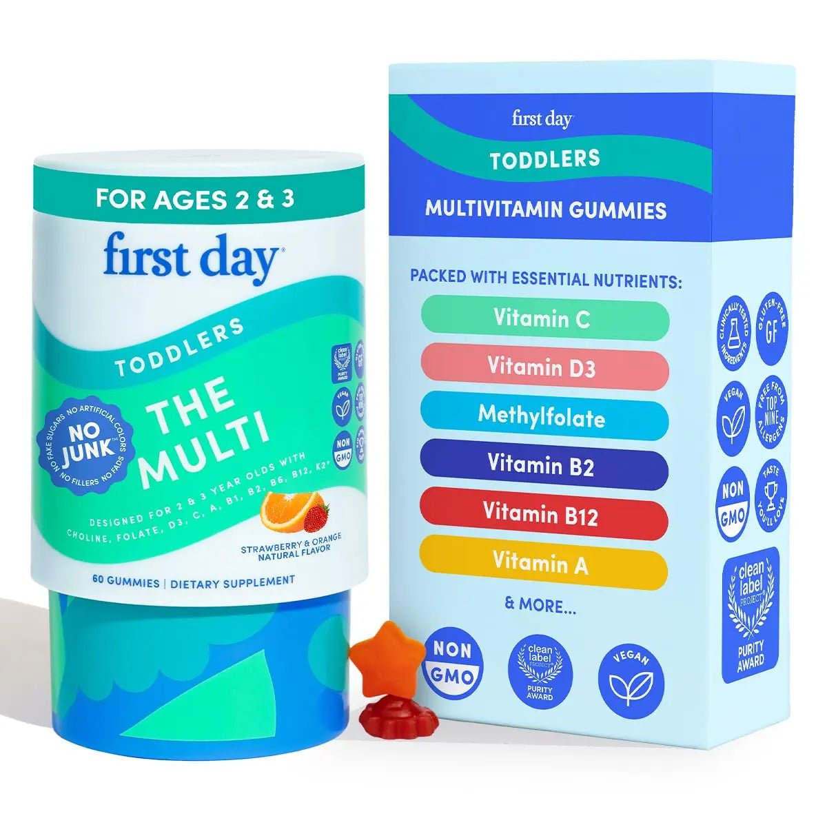 FIRST DAY Toddler Multivitamin Gummies (Ages 2-3)| Kids Multivitamin Gummies with Vitamins A C D3, B2, B12, Choline, Folate and 21 Organic Superfoods| (30 Day Supply) - PrimeBioHealth - canada supplements