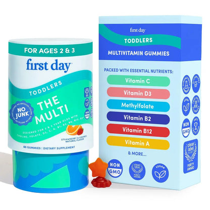 FIRST DAY Toddler Multivitamin Gummies (Ages 2-3)| Kids Multivitamin Gummies with Vitamins A C D3, B2, B12, Choline, Folate and 21 Organic Superfoods| (30 Day Supply) - PrimeBioHealth - canada supplements