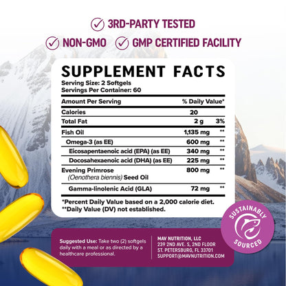 Fish Oil Omega 3 Supplements for Women | DHA + EPA | Heart Health, Hormone Balance, Skin & Wellness Support | 600MG Omega3 + 800MG Evening Primrose Oil - PrimeBioHealth - canada supplements