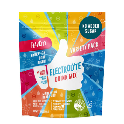 FlavCity Electrolytes Powder Packets - 28 Hydration Packets, Variety Pack - No Added Sugar - Hydration Powder with Real Fruit & Unrefined Sea Salt - PrimeBioHealth - canada supplements