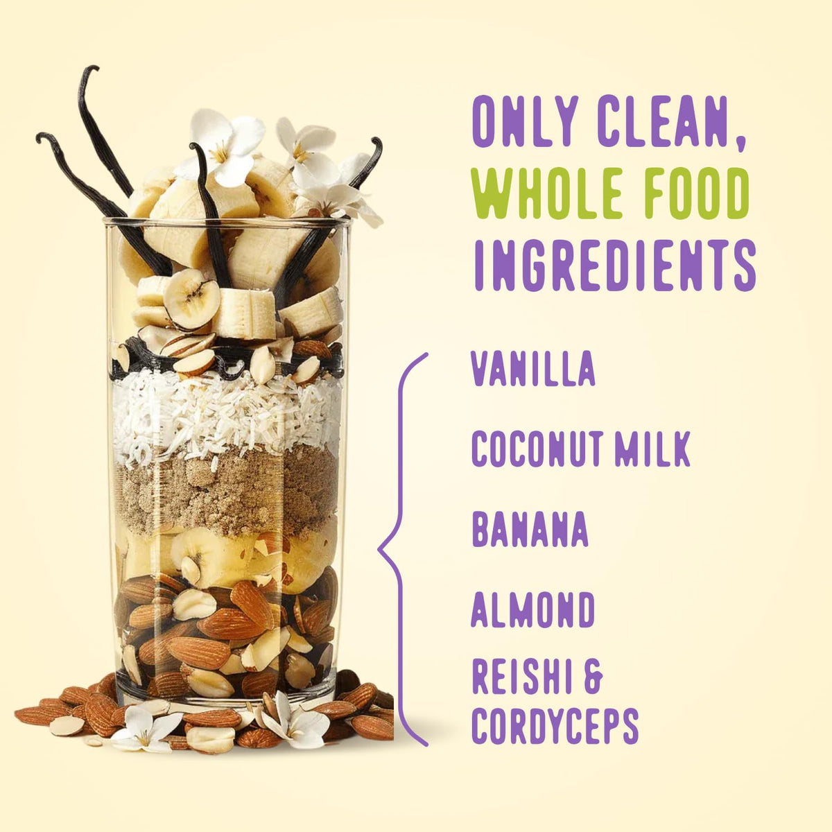 FlavCity Vegan Almond Protein Shake Powder, Vanilla Cream + Reishi & Cordyceps Mushrooms - Focus, Skin, Hair & Joint Support - Organic Fruit All in One Smoothie On-the-Go, 20 Servings - PrimeBioHealth - canada supplements