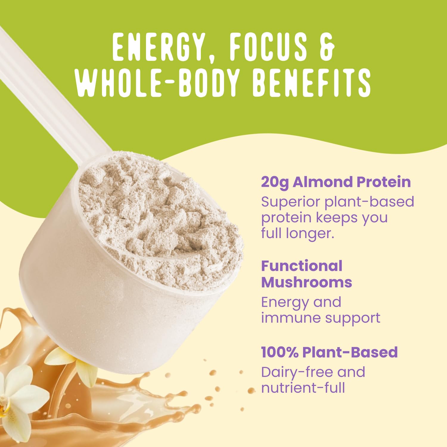 FlavCity Vegan Almond Protein Shake Powder, Vanilla Cream + Reishi & Cordyceps Mushrooms - Focus, Skin, Hair & Joint Support - Organic Fruit All in One Smoothie On-the-Go, 20 Servings - PrimeBioHealth - canada supplements