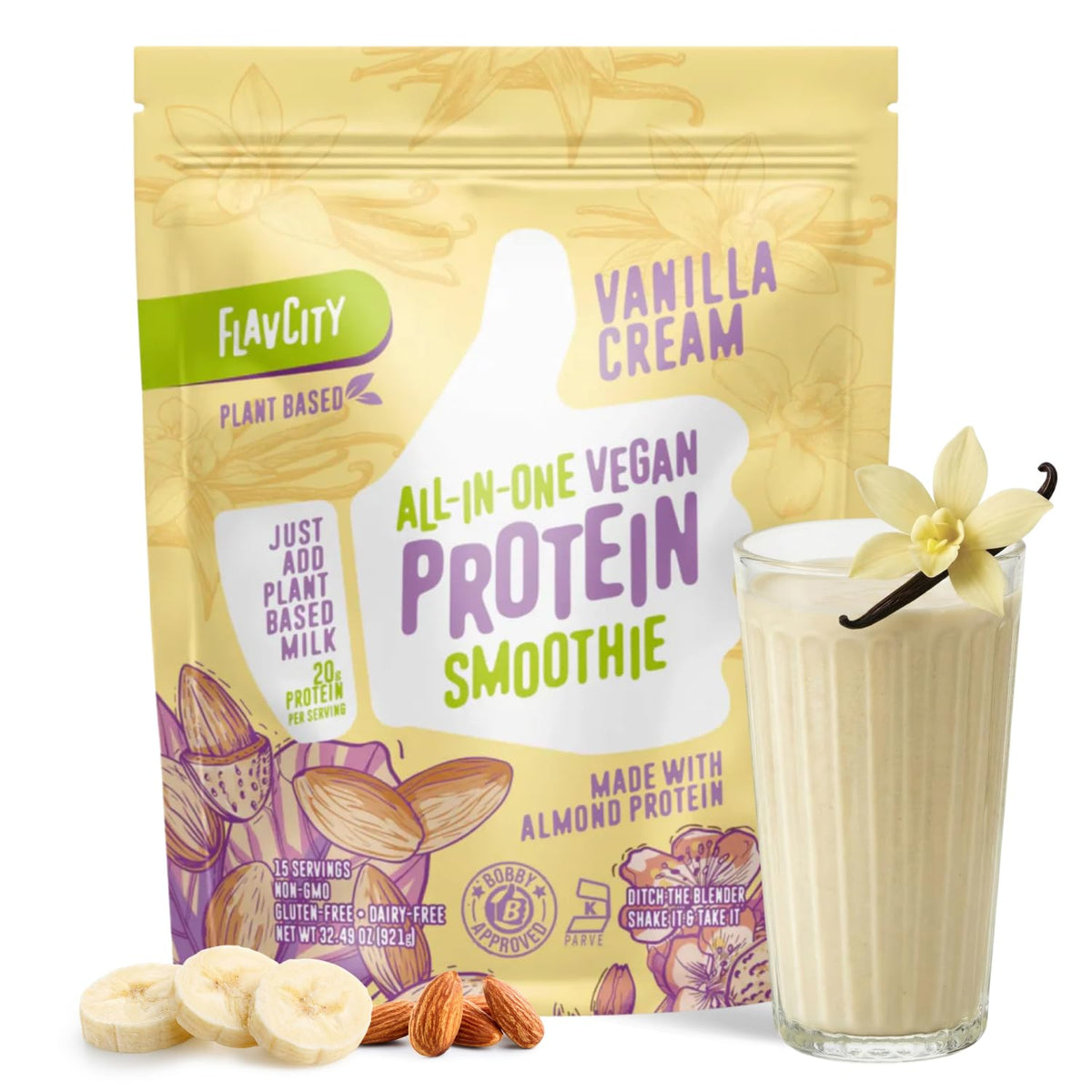 FlavCity Vegan Almond Protein Shake Powder, Vanilla Cream + Reishi & Cordyceps Mushrooms - Focus, Skin, Hair & Joint Support - Organic Fruit All in One Smoothie On-the-Go, 20 Servings - PrimeBioHealth - canada supplements