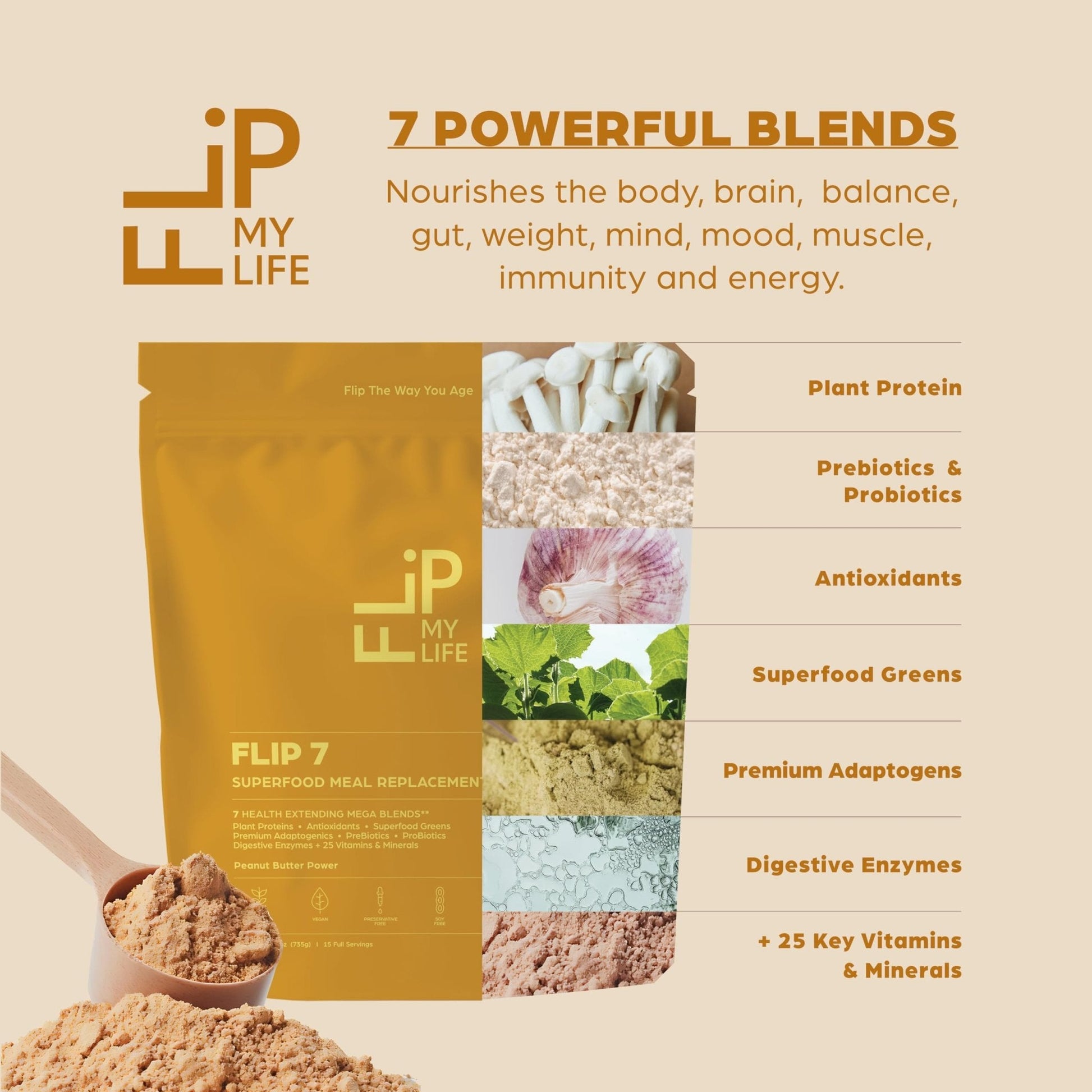 Flip My Life, Flip 7 Natural SuperFood, Plant-Based Protein, Complete Meal Replacement to Support Healthy Gut, 7 Mega Nutrient Rich Blends all in one to AGE BETTER - Peanut Butter - PrimeBioHealth - canada supplements