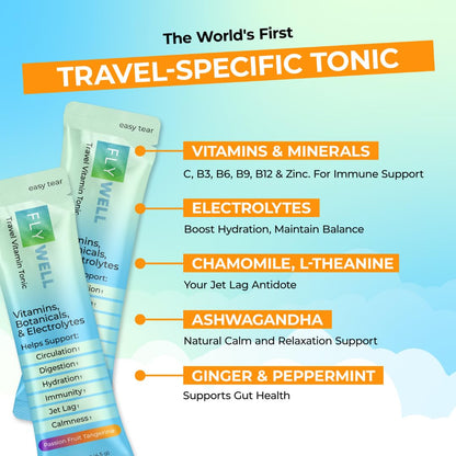 FlyWell Travel Vitamin Tonic for Flight, Jet Lag, Hydration, Circulation, Digestion & Immune Support, Promotes Calmness, Electrolyte Powder, Travel Essentials, - PrimeBioHealth - canada supplements