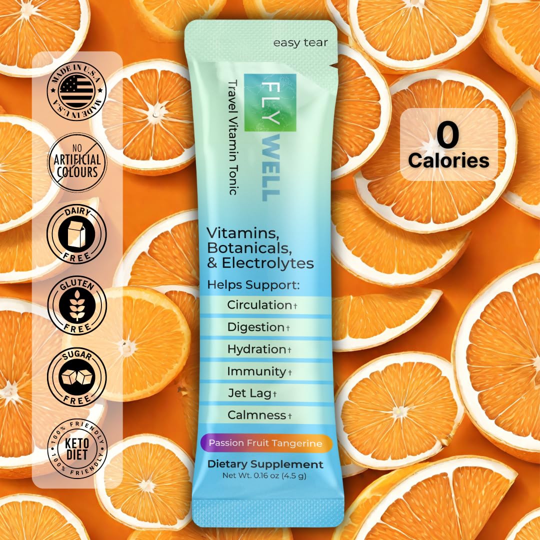 FlyWell Travel Vitamin Tonic for Flight, Jet Lag, Hydration, Circulation, Digestion & Immune Support, Promotes Calmness, Electrolyte Powder, Travel Essentials, - PrimeBioHealth - canada supplements