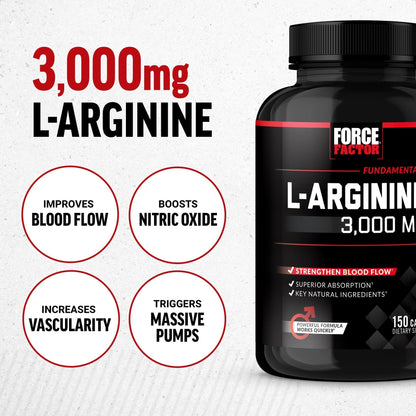Force Factor L-Arginine Nitric Oxide Supplement with BioPerine to Help Build Muscle and Support Stronger Blood Flow, Circulation, Nutrient Delivery - PrimeBioHealth - canada supplements