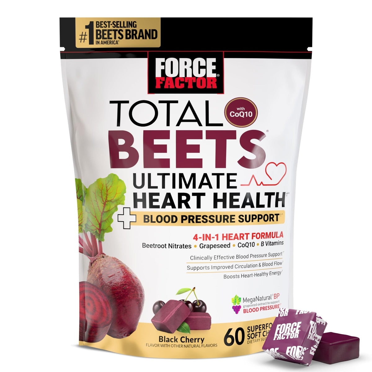 Force Factor Total Beets Ultimate Heart Health Chews for Blood Pressure Support, with Beetroot Powder, CoQ10, B Vitamins & Grapeseed Extract for Blood Flow - PrimeBioHealth - canada supplements