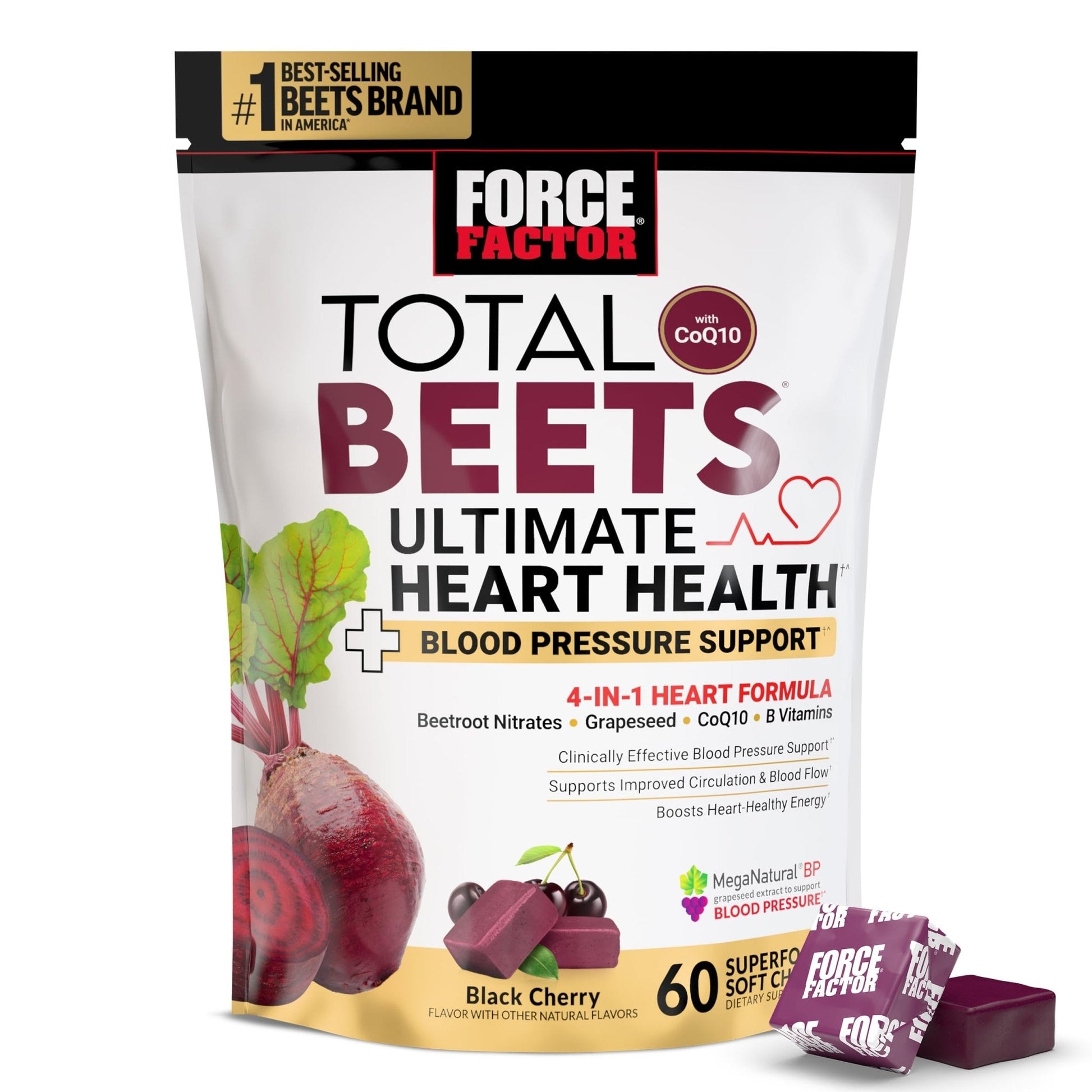 Force Factor Total Beets Ultimate Heart Health Chews for Blood Pressure Support, with Beetroot Powder, CoQ10, B Vitamins & Grapeseed Extract for Blood Flow - PrimeBioHealth - canada supplements